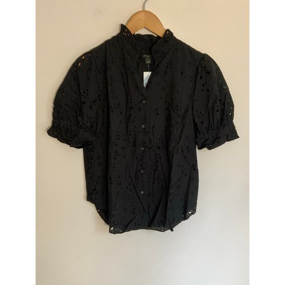 ANN TAYLOR Petite Eyelet Ruffle Button Top In Black NWT size SP - Picture 2 of 7